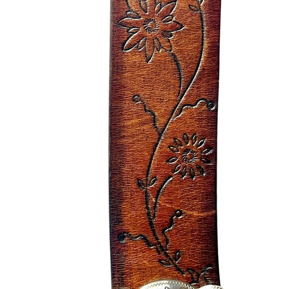 Brighton Leather Belt Floral Embossed Patterns & Silver Tone Buckle 33"-37" - Picture 6 of 16
